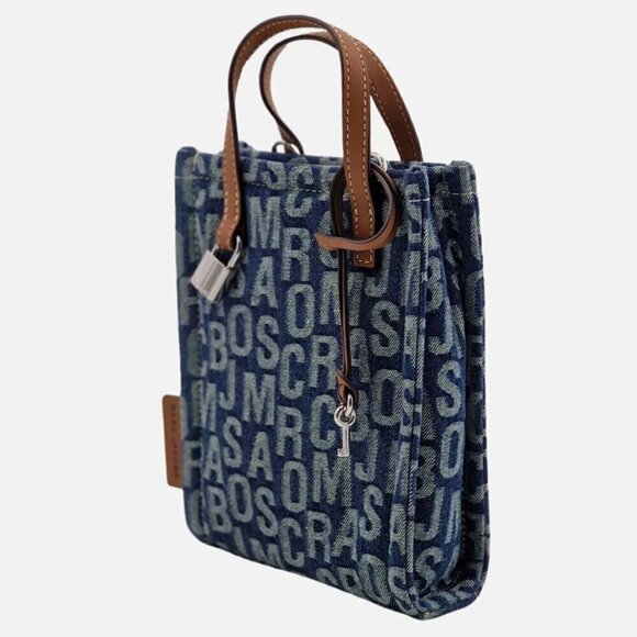 NWT! Marc Jacobs The Jumbo Logo Jacquard Micro Grind Denim Tote Crossbody - Picture 5 of 7